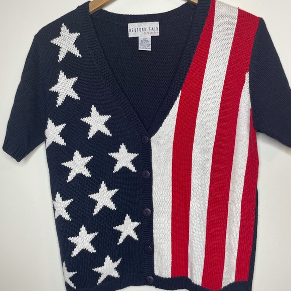 Patriotic USA Women's American Flag Knit Cardigan Sweater Red White Blue Small - Picture 10 of 10